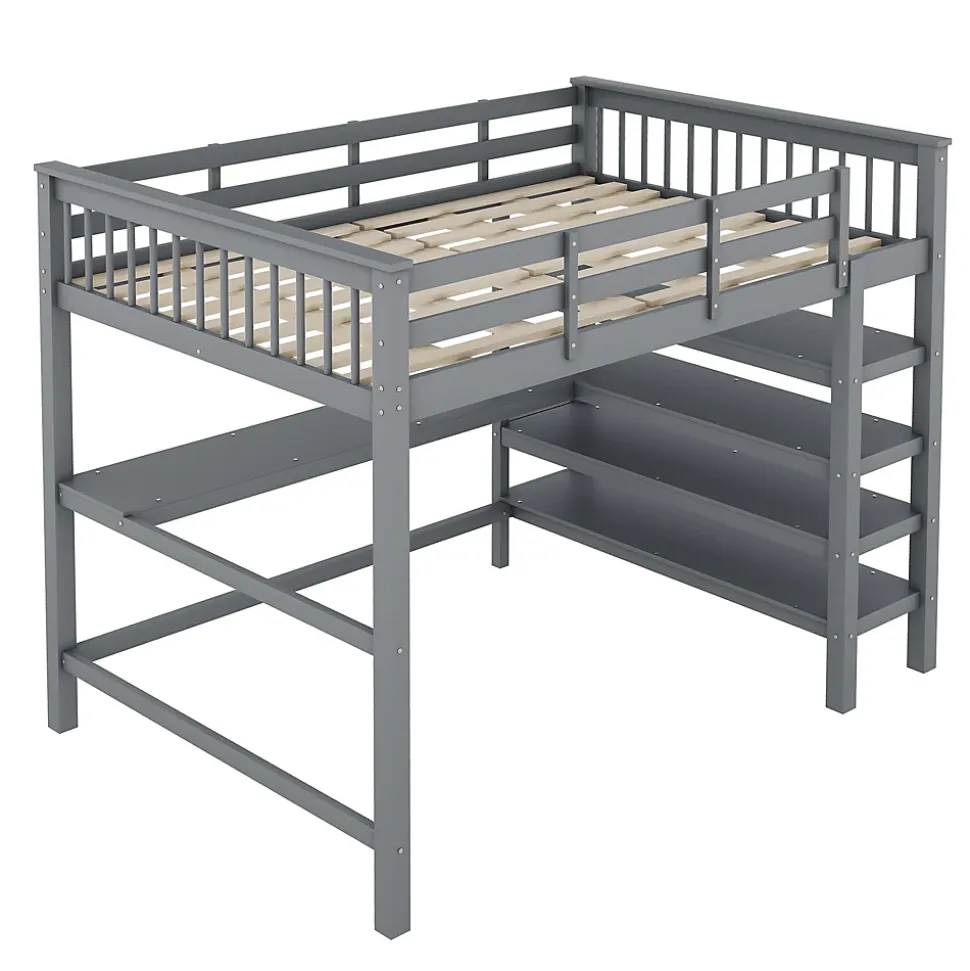 Lit Mezzanine 140 x 200 cm - Lit enfant avec Bureau et Rangements - Pin + MDF - Sans Matelas - Gris