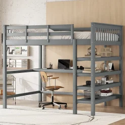 Lit Mezzanine 140 x 200 cm - Lit enfant avec Bureau et Rangements - Pin + MDF - Sans Matelas - Gris
