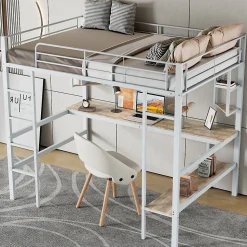 Lit Mezzanine 90 x 200 cm - Lit avec Bureau et Étagères - Métal + MDF - Sans Matelas - Blanc