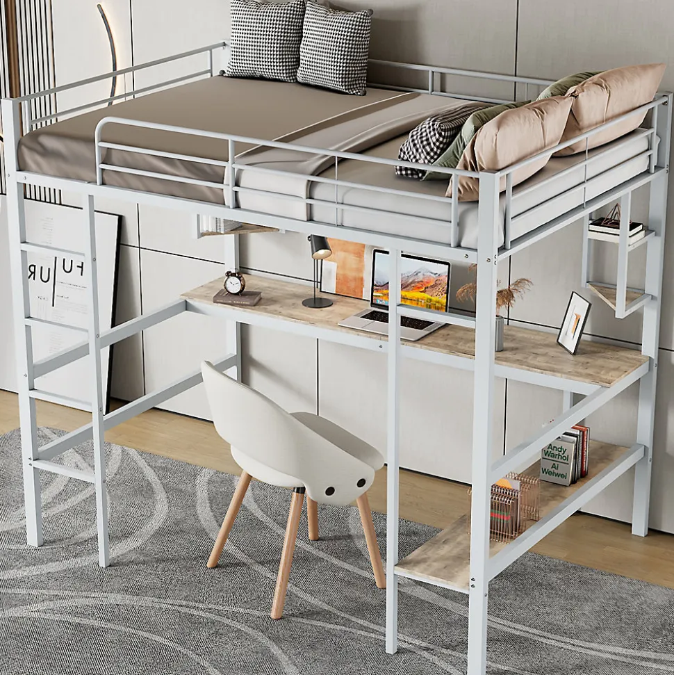 Lit Mezzanine 90 x 200 cm - Lit avec Bureau et Étagères - Métal + MDF - Sans Matelas - Blanc