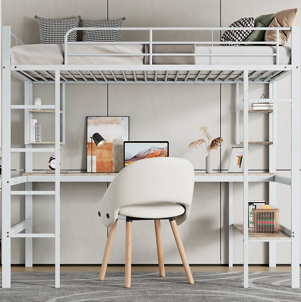 Lit Mezzanine 90 x 200 cm - Lit avec Bureau et Étagères - Métal + MDF - Sans Matelas - Blanc