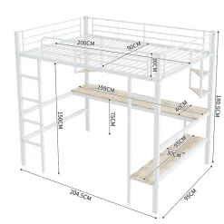 Lit Mezzanine 90 x 200 cm - Lit avec Bureau et Étagères - Métal + MDF - Sans Matelas - Blanc