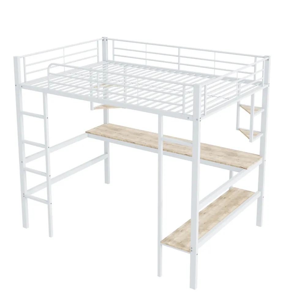 Lit Mezzanine 90 x 200 cm - Lit avec Bureau et Étagères - Métal + MDF - Sans Matelas - Blanc