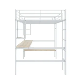 Lit Mezzanine 90 x 200 cm - Lit avec Bureau et Étagères - Métal + MDF - Sans Matelas - Blanc