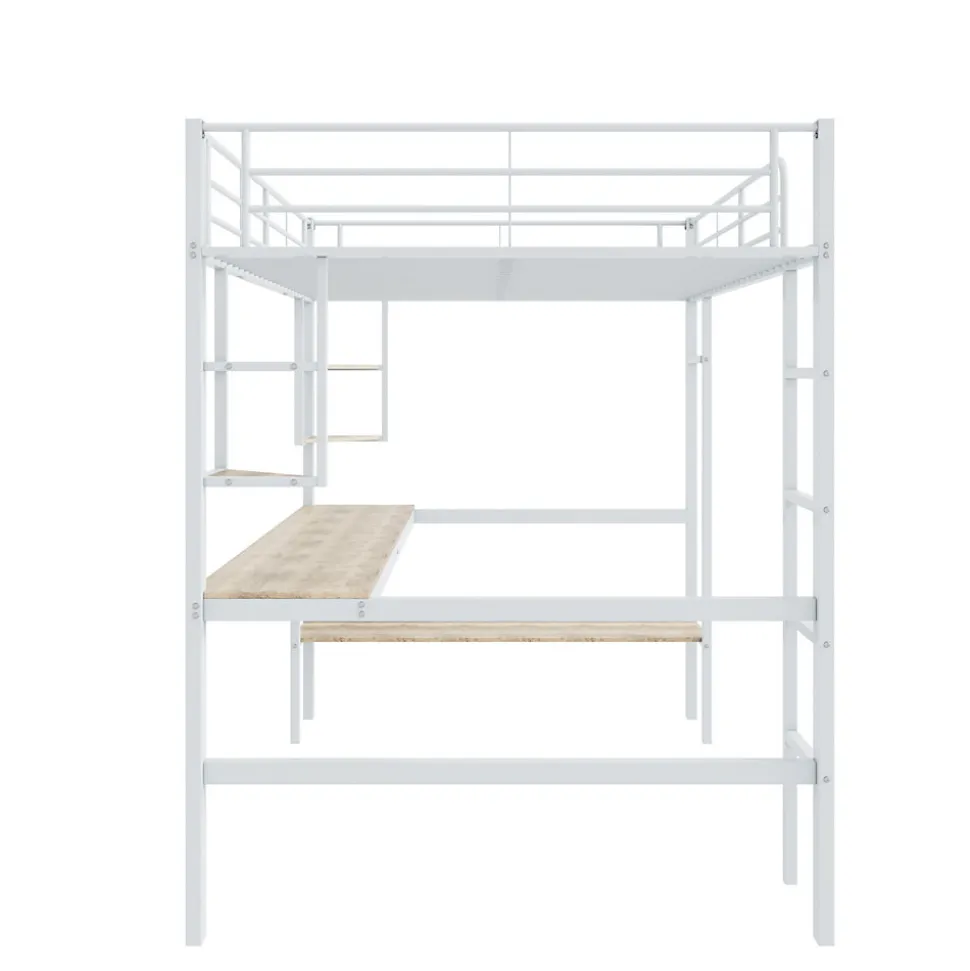 Lit Mezzanine 90 x 200 cm - Lit avec Bureau et Étagères - Métal + MDF - Sans Matelas - Blanc