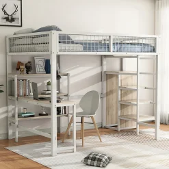 Lit Mezzanine 140 x 200 cm - Lit avec Bureau et Étagères - Métal + MDF - Sans Matelas - Blanc