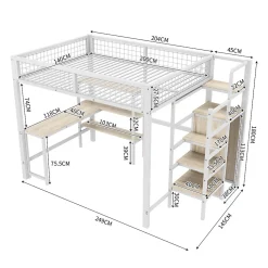 Lit Mezzanine 140 x 200 cm - Lit avec Bureau et Étagères - Métal + MDF - Sans Matelas - Blanc