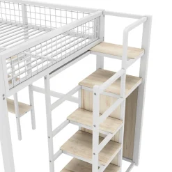 Lit Mezzanine 140 x 200 cm - Lit avec Bureau et Étagères - Métal + MDF - Sans Matelas - Blanc