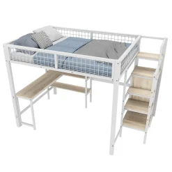 Lit Mezzanine 140 x 200 cm - Lit avec Bureau et Étagères - Métal + MDF - Sans Matelas - Blanc