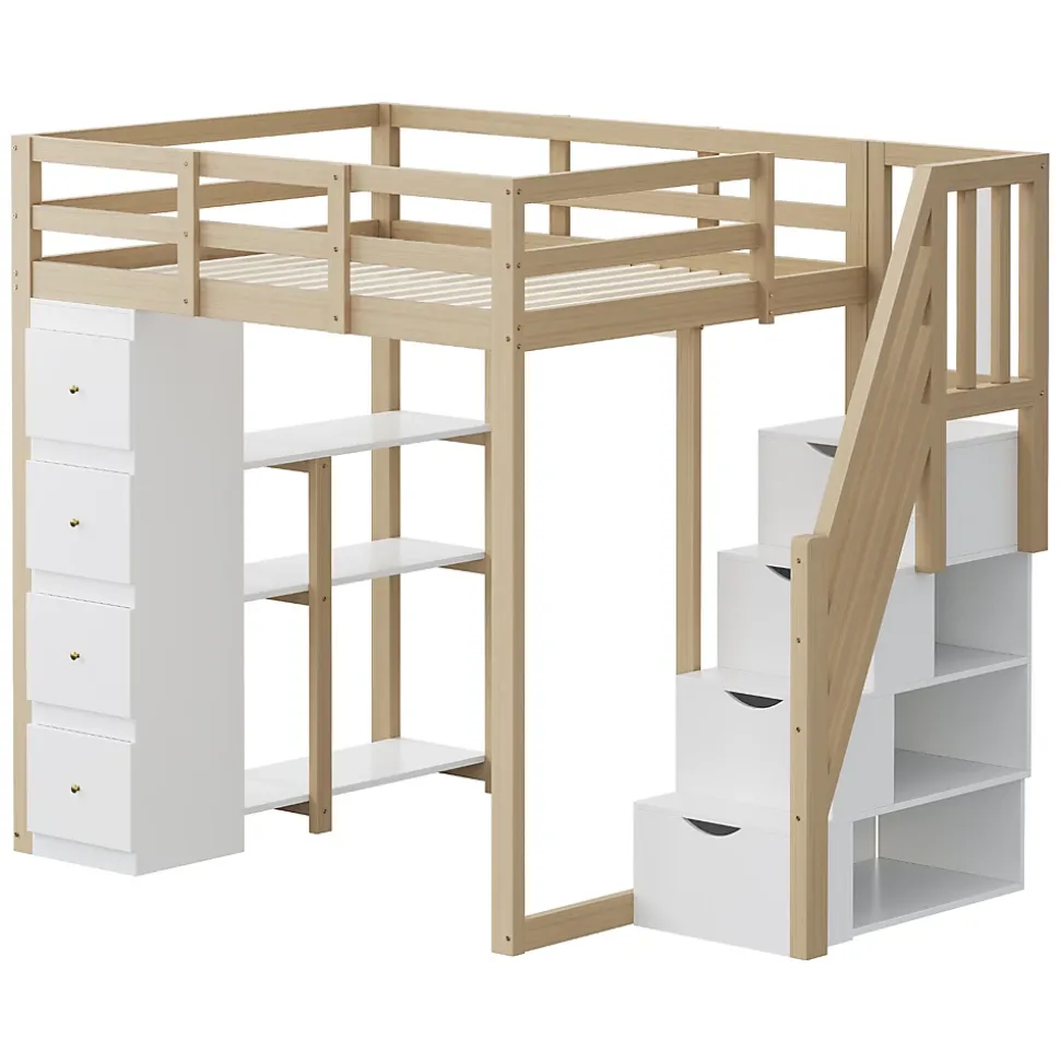 Lit Mezzanine 140 x 200 cm - Lit Mezzanine Ado avec Commode, Tiroirs et Étagères - Échelle Antidérapante Sécurité - Bois Blanc