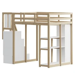 Lit Mezzanine 140 x 200 cm - Lit Mezzanine Ado avec Commode, Tiroirs et Étagères - Échelle Antidérapante Sécurité - Bois Blanc