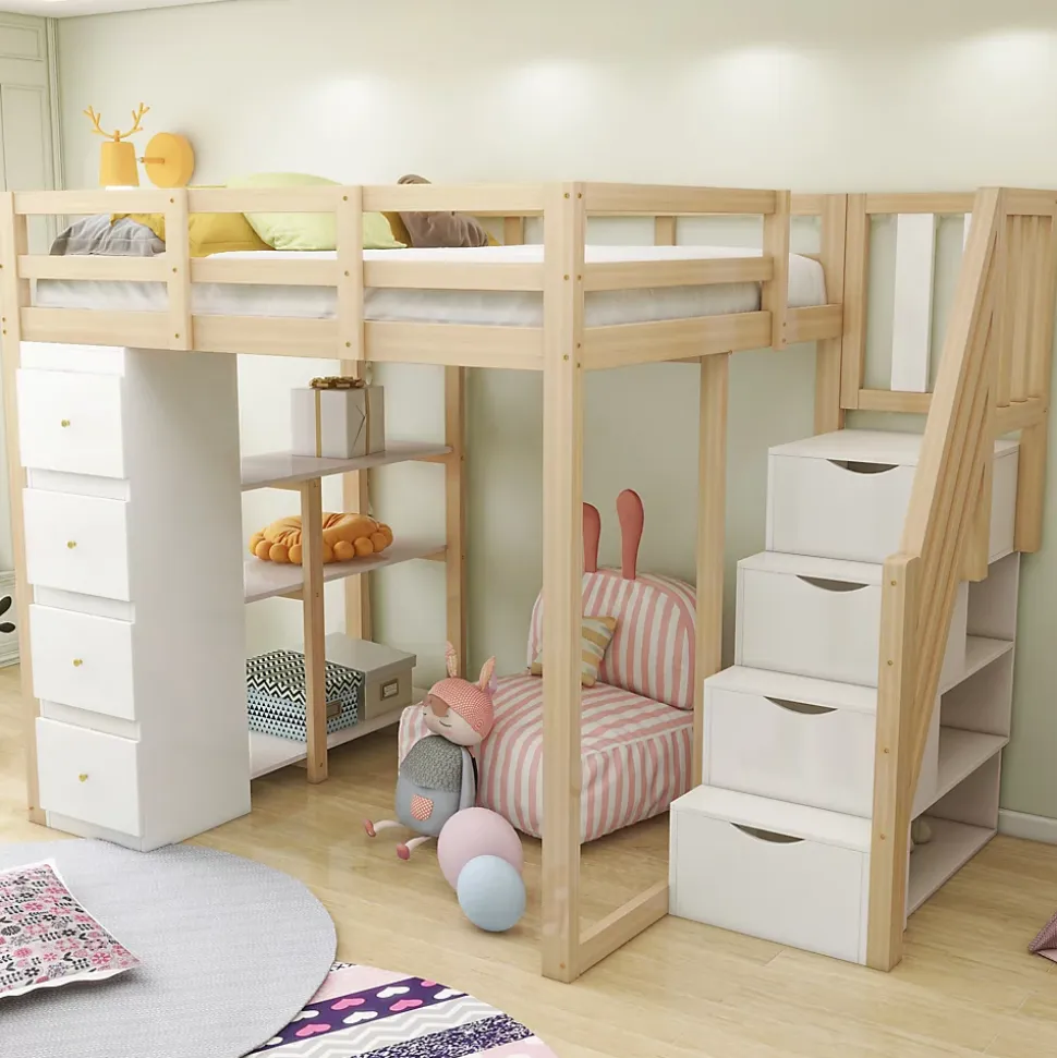 Lit Mezzanine 140 x 200 cm - Lit Mezzanine Ado avec Commode, Tiroirs et Étagères - Échelle Antidérapante Sécurité - Bois Blanc