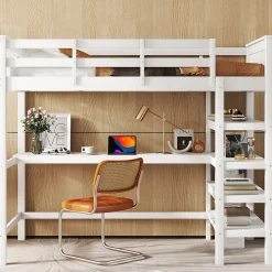 Lit Mezzanine 90 x 200 cm - Lit enfant avec Bureau et Rangements - Pin + MDF - Sans Matelas - Blanc