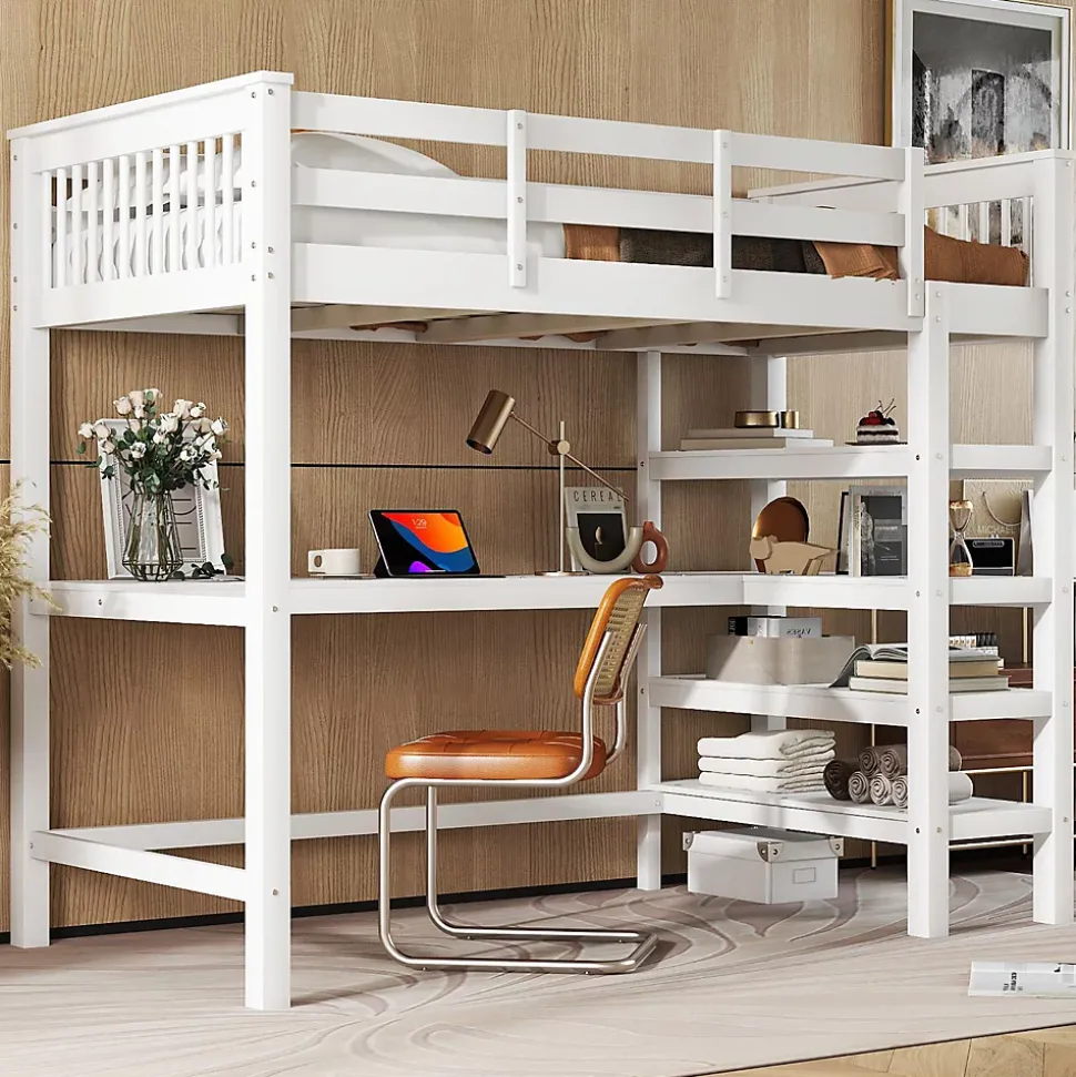 Lit Mezzanine 90 x 200 cm - Lit enfant avec Bureau et Rangements - Pin + MDF - Sans Matelas - Blanc