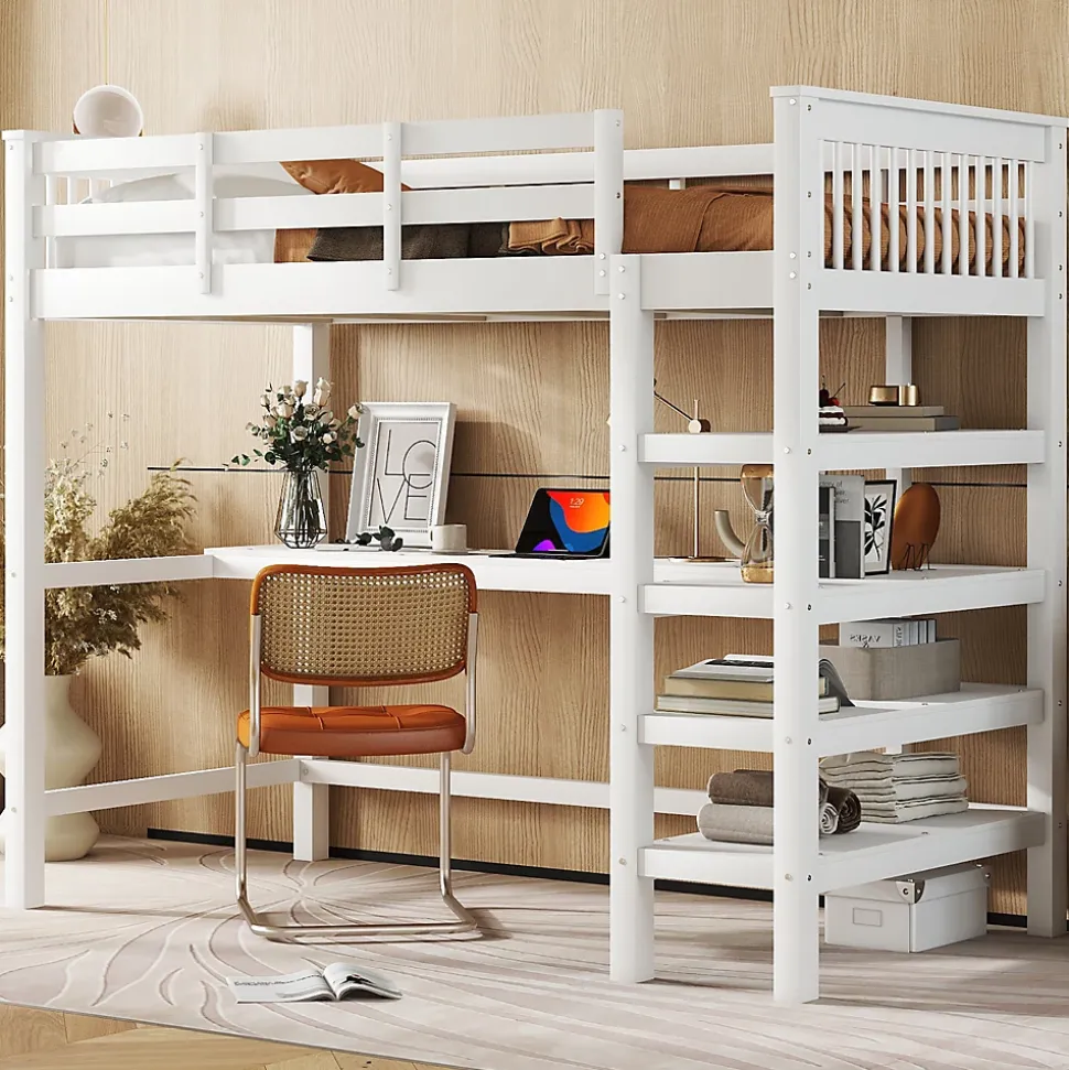 Lit Mezzanine 90 x 200 cm - Lit enfant avec Bureau et Rangements - Pin + MDF - Sans Matelas - Blanc