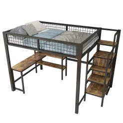 Lit Mezzanine 140 x 200 cm - Lit avec Bureau et Étagères - Métal + MDF - Sans Matelas - Noir