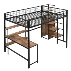 Lit Mezzanine 140 x 200 cm - Lit avec Bureau et Étagères - Métal + MDF - Sans Matelas - Noir