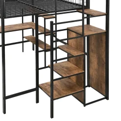 Lit Mezzanine 140 x 200 cm - Lit avec Bureau et Étagères - Métal + MDF - Sans Matelas - Noir