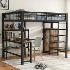 Lit Mezzanine 140 x 200 cm - Lit avec Bureau et Étagères - Métal + MDF - Sans Matelas - Noir