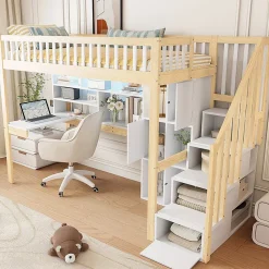 Lit Mezzanine 90 x 200 cm - Lit Simple avec Bureau, Placard et Étagères, LED Intégrée - Bois Blanc+Nature