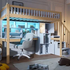 Lit Mezzanine 90 x 200 cm - Lit Simple avec Bureau, Placard et Étagères, LED Intégrée - Bois Blanc+Nature