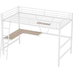 Lit Mezzanine 90 x 200 cm - Lit avec Bureau en L et Étagère - Métal + MDF - Sans Matelas - Blanc