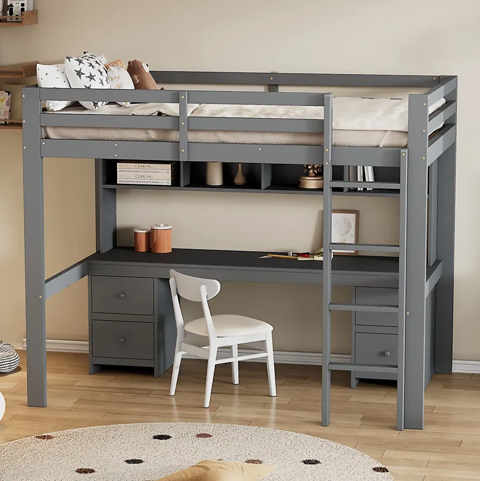 Lit mezzanine 90 x 200 cm - Lit Simple avec Escalier à Rampe Haute - Pin + MDF - Sans Matelas - Gris