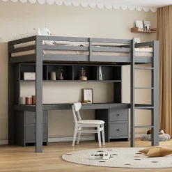 Lit mezzanine 90 x 200 cm - Lit Simple avec Escalier à Rampe Haute - Pin + MDF - Sans Matelas - Gris