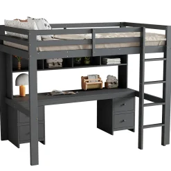 Lit mezzanine 90 x 200 cm - Lit Simple avec Escalier à Rampe Haute - Pin + MDF - Sans Matelas - Gris