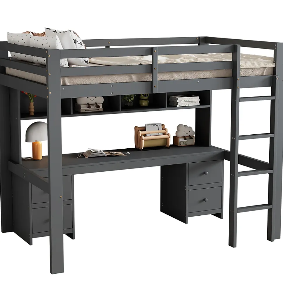 Lit mezzanine 90 x 200 cm - Lit Simple avec Escalier à Rampe Haute - Pin + MDF - Sans Matelas - Gris