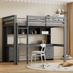 Lit mezzanine 90 x 200 cm - Lit Simple avec Escalier à Rampe Haute - Pin + MDF - Sans Matelas - Gris