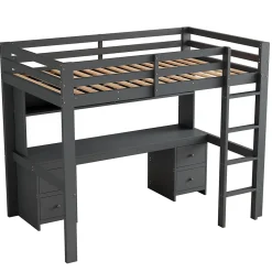 Lit mezzanine 90 x 200 cm - Lit Simple avec Escalier à Rampe Haute - Pin + MDF - Sans Matelas - Gris