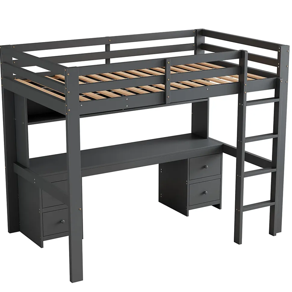 Lit mezzanine 90 x 200 cm - Lit Simple avec Escalier à Rampe Haute - Pin + MDF - Sans Matelas - Gris