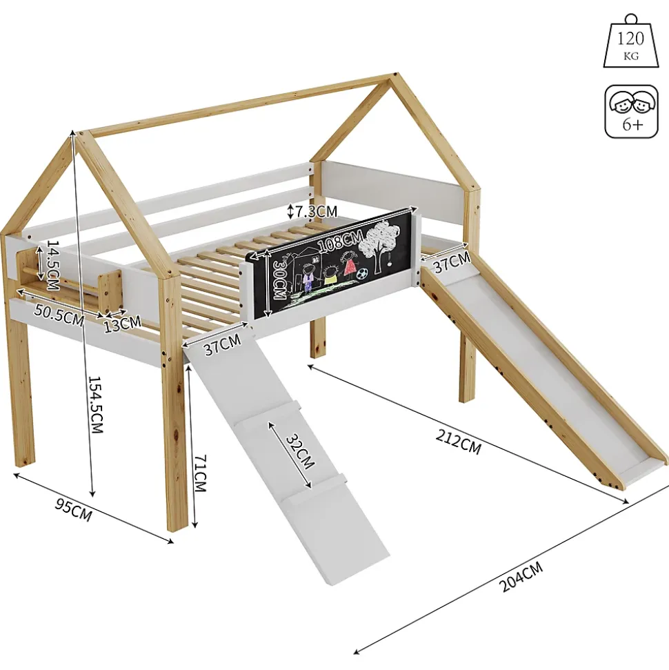 Lit mezzanine 90 x 200 cm - Lit Simple avec Escalier à Rampe Haute - Pin + MDF - Sans Matelas - Gris