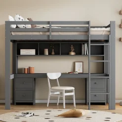 Lit mezzanine 90 x 200 cm - Lit Simple avec Escalier à Rampe Haute - Pin + MDF - Sans Matelas - Gris