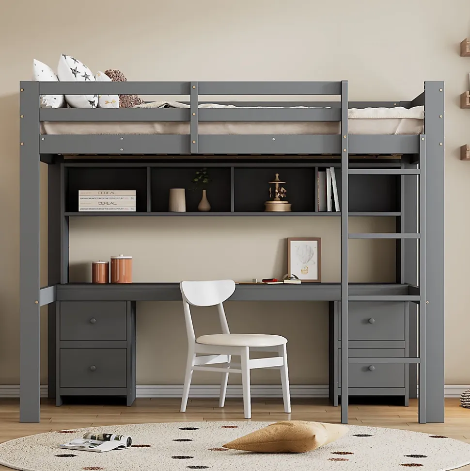 Lit mezzanine 90 x 200 cm - Lit Simple avec Escalier à Rampe Haute - Pin + MDF - Sans Matelas - Gris