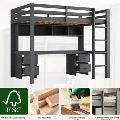 Lit mezzanine 90 x 200 cm - Lit Simple avec Escalier à Rampe Haute - Pin + MDF - Sans Matelas - Gris