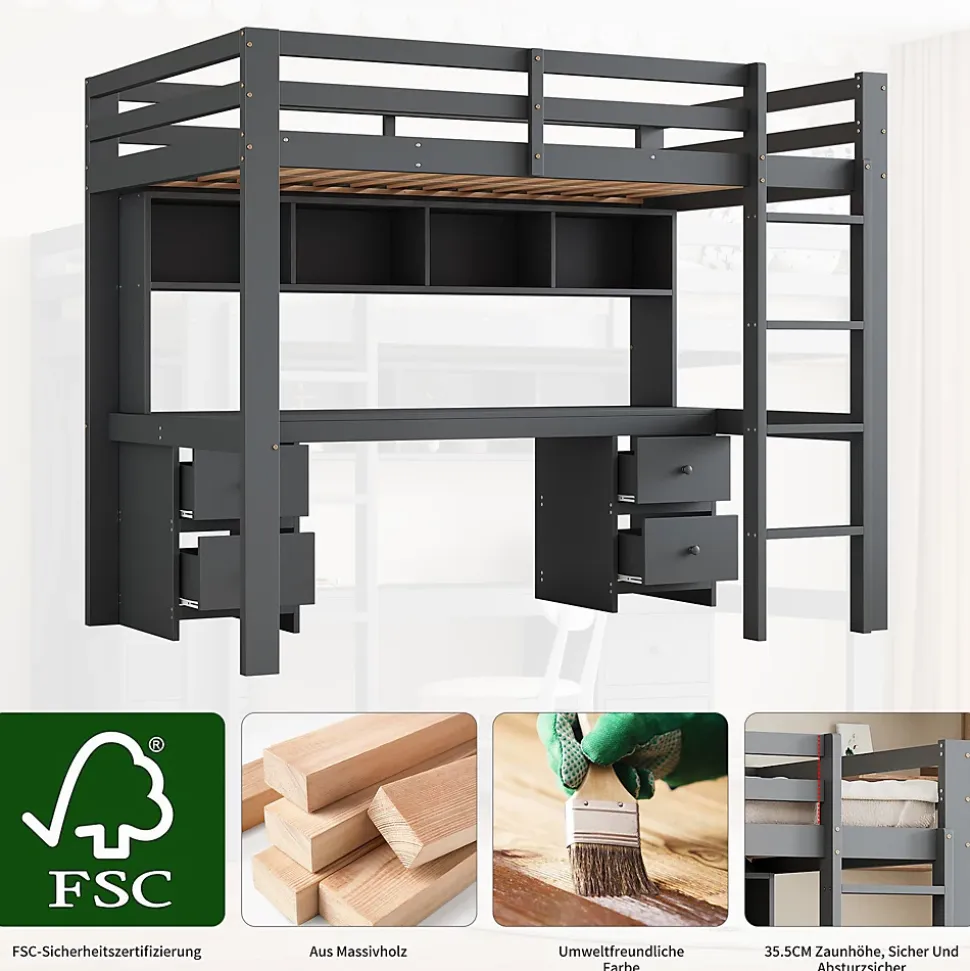 Lit mezzanine 90 x 200 cm - Lit Simple avec Escalier à Rampe Haute - Pin + MDF - Sans Matelas - Gris