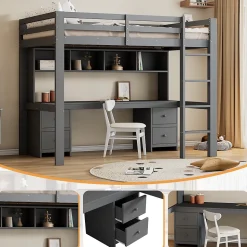 Lit mezzanine 90 x 200 cm - Lit Simple avec Escalier à Rampe Haute - Pin + MDF - Sans Matelas - Gris