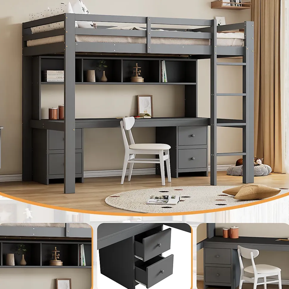 Lit mezzanine 90 x 200 cm - Lit Simple avec Escalier à Rampe Haute - Pin + MDF - Sans Matelas - Gris