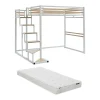 Lit mezzanine 140 x 200 cm - Métal et MDF - Blanc + Matelas - JOGUI