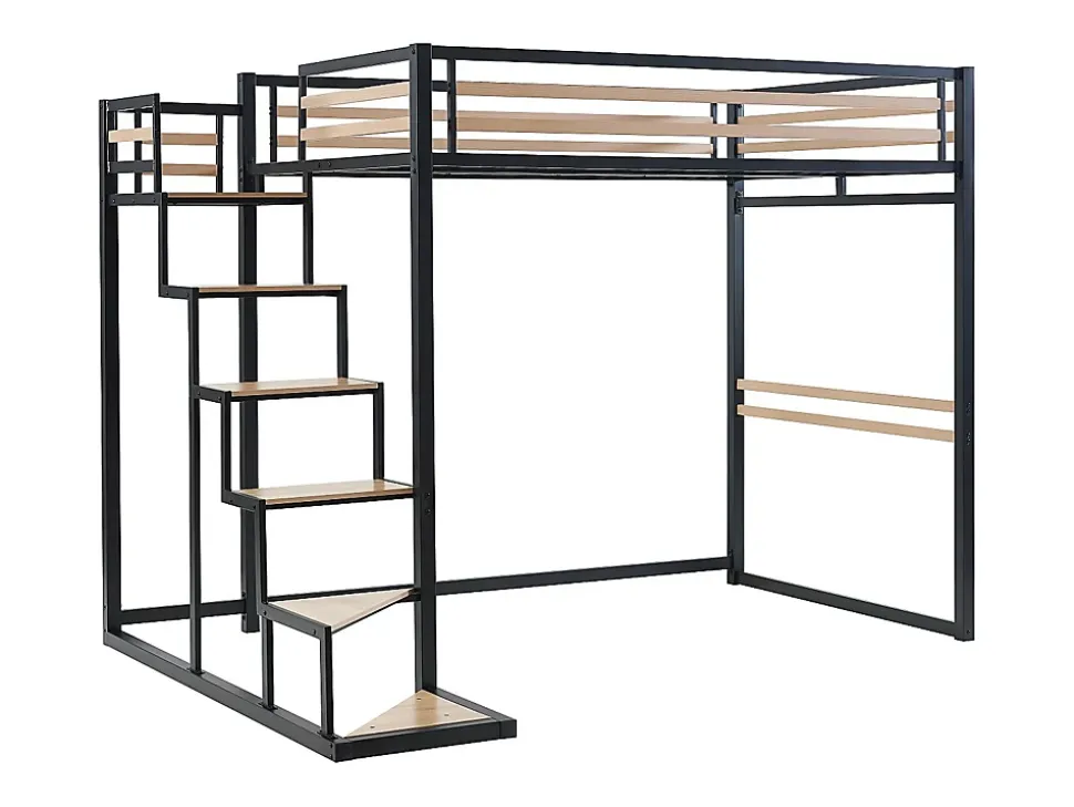 Lit mezzanine 140 x 200 cm - Métal et MDF - Noir et naturel - JOGUI