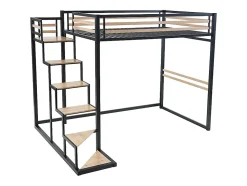 Lit mezzanine 140 x 200 cm - Métal et MDF - Noir et naturel - JOGUI