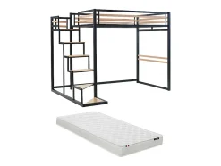 Lit mezzanine 140 x 200 cm - Métal et MDF - Noir et naturel + Matelas - JOGUI