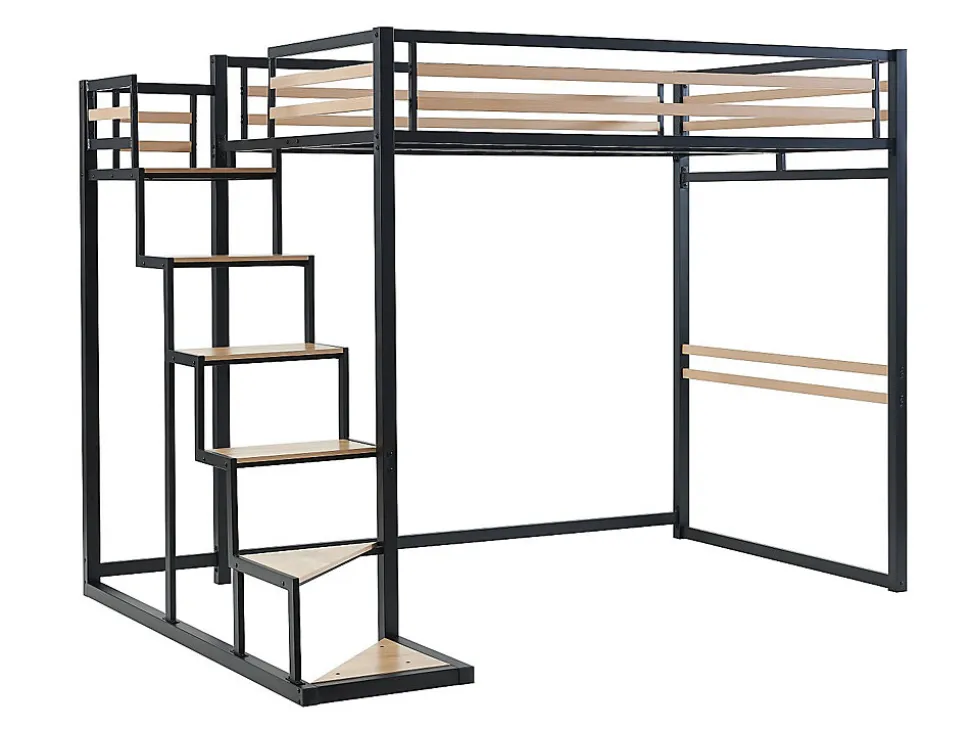 Lit mezzanine 140 x 200 cm - Métal et MDF - Noir et naturel + Matelas - JOGUI