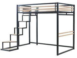 Lit mezzanine 140 x 200 cm - Métal et MDF - Noir et naturel + Matelas - JOGUI