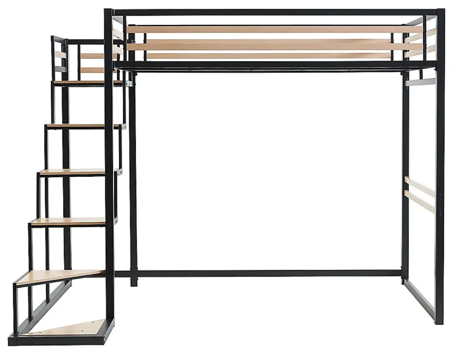 Lit mezzanine 140 x 200 cm - Métal et MDF - Noir et naturel + Matelas - JOGUI