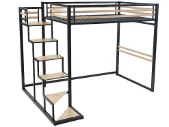 Lit mezzanine 140 x 200 cm - Métal et MDF - Noir et naturel + Matelas - JOGUI