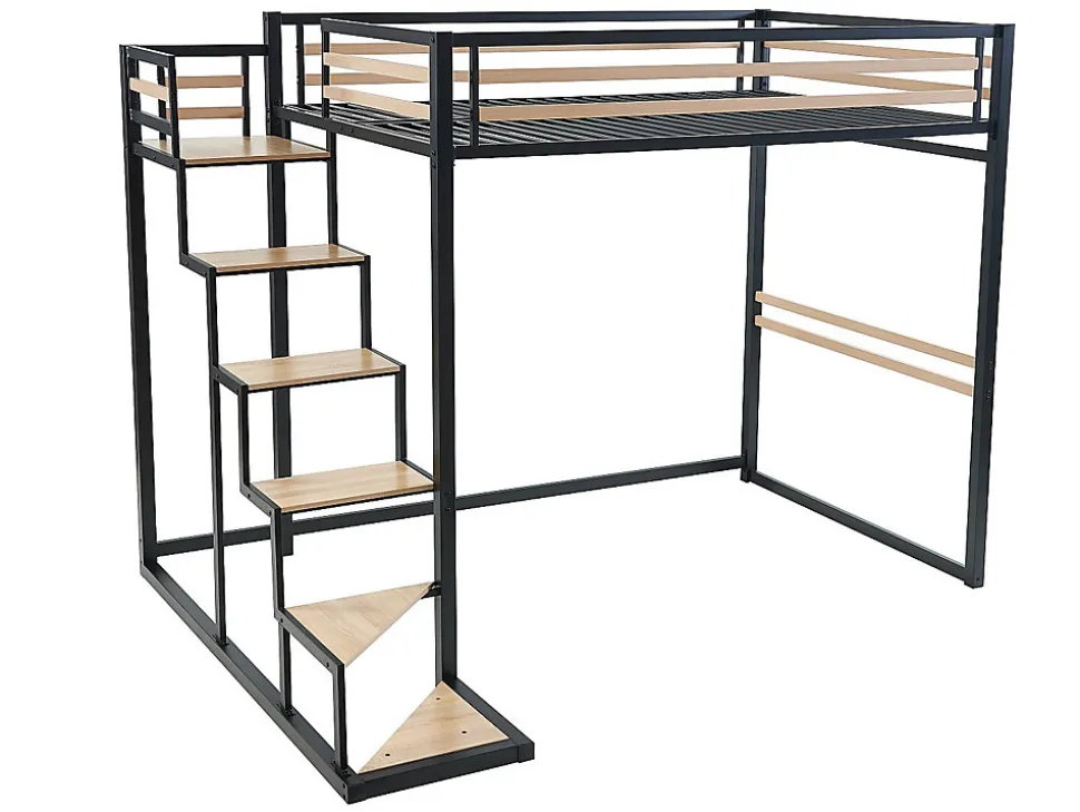 Lit mezzanine 140 x 200 cm - Métal et MDF - Noir et naturel + Matelas - JOGUI