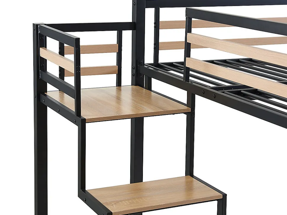 Lit mezzanine 140 x 200 cm - Métal et MDF - Noir et naturel + Matelas - JOGUI